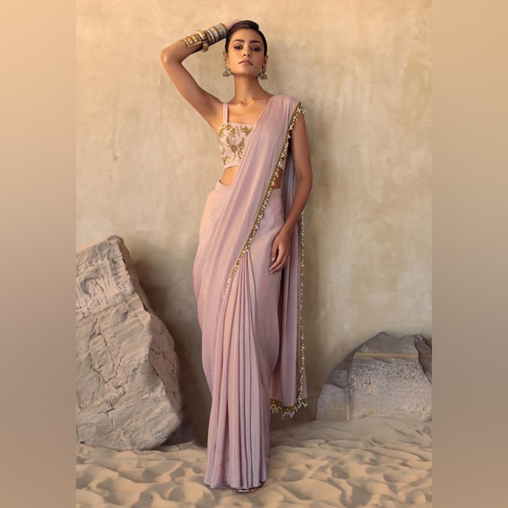 Gorgeous Blush Pink Pre-Stitched Saree Set with Floral Embroidered Top